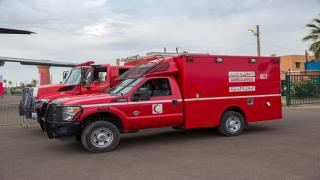 MARRAKECH, MOROCCO - APR 28, 2016: Ford F-350 Ambulance with windscreen protection on the Marrakech-Menara airport.