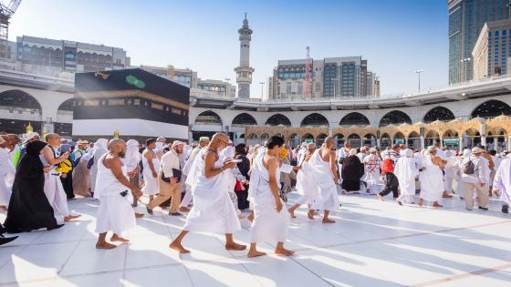 MECCA, SAUDI ARABIA - 8 August 2018: Muslim Pilgrims at The Kaaba in The Haram Mosque of Mecca , Saudi Arabia, In the morning during Hajj.; Shutterstock ID 1356417278; purchase_order: ajnet; job: ; client: ; other: